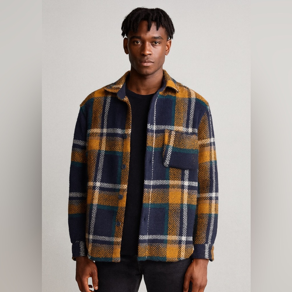 Men's Plaid Jacket - Navy and‎ Mustard size S